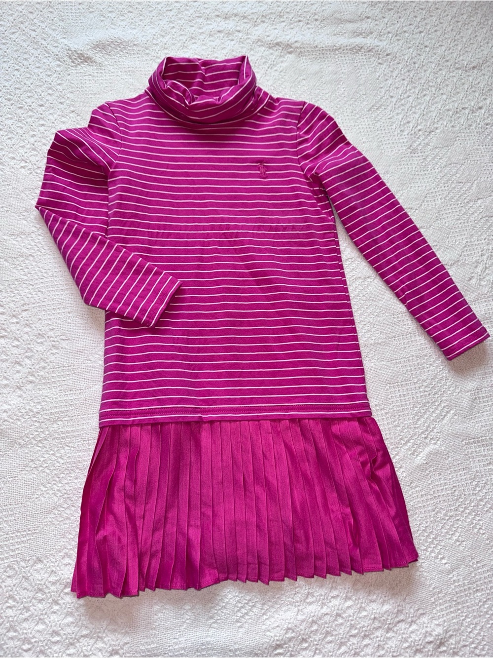POLO Ralph Lauren Girls' Fuchsia Striped Turtleneck Dress with Pleated Skirt
